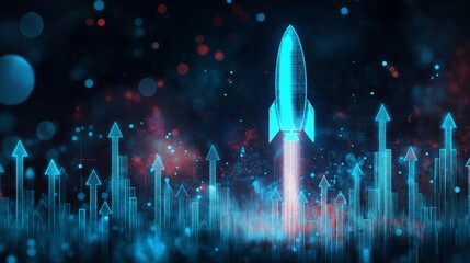 Poster - Digital Rocket Launching with Glowing Data Curves, Symbolizing Innovation, Business Growth, and Technological Progress, Generative AI