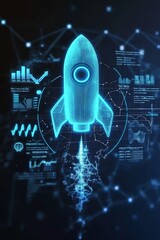Poster - Digital Rocket Launching with Glowing Data Curves, Symbolizing Innovation, Business Growth, and Technological Progress, Generative AI