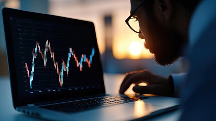Poster - Focused individual analyzing financial data on laptop during sunset.