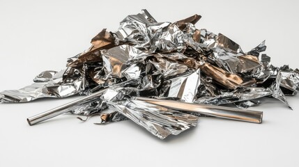 Poster - Shiny Metallic Foil Scrap Piled on Neutral Background Suitable for Use in Creative Projects, Artwork Backgrounds or Abstract Designs