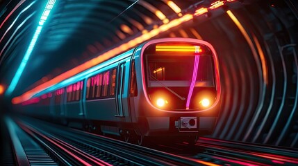 Poster - Futuristic subway train illuminated in vibrant neon lights, traveling through a tunnel.