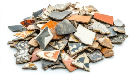 Poster - Colorful broken ceramic tiles scattered on a white background showcasing varied patterns and textures, perfect for design and artistic projects