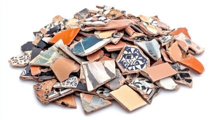 Poster - A Colorful Pile of Broken Ceramic Tiles Displaying Intricate Patterns and Textures Perfect for Backgrounds and Crafting Projects in Various Creative Endeavors