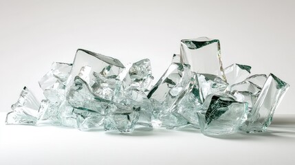 Poster - Shattered Clear Glass Pieces Displayed on a Soft White Background, Capturing the Intricate Reflections and Transparency of Broken Crystal Fragments, Artistic Composition