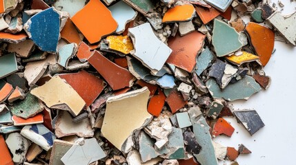 Poster - Abstract Composition of Colorful Broken Tiles on White Surface Capturing the Beauty and Texture of Fragmented Materials in a Unique Artistic Arrangement