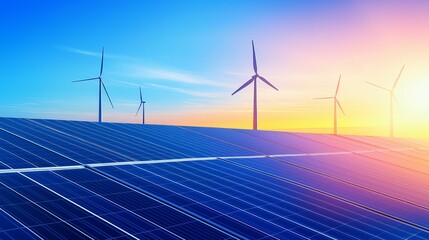 Aufkleber - Renewable Energy Landscape Featuring Solar Panels and Wind Turbines at Sunrise, Symbolizing Sustainability, Innovation, and Eco-Friendly Technology, Generative AI