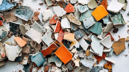 Poster - Colorful Shards of Broken Ceramic Tiles Gathered Together on a Surface Creating an Artistic and Textured Background for Design and Craft Projects