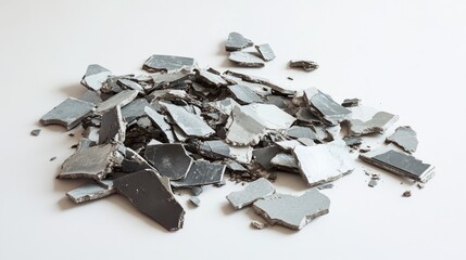 Poster - A Pile of Shattered Pieces of Glass Reflecting Light on a White Background Showcasing Various Shades of Gray and Silver in an Abstract Arrangement for Artistic Display