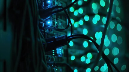Poster - Network Server Cables Glowing In Dark Room