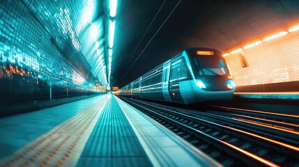 Poster - Modern train moving through a bright, futuristic underground tunnel.