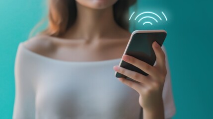 Aufkleber - Young Woman Using a Smartphone with Wireless Signal Icon, Representing Modern Communication, Connectivity, and Digital Innovation, Generative AI