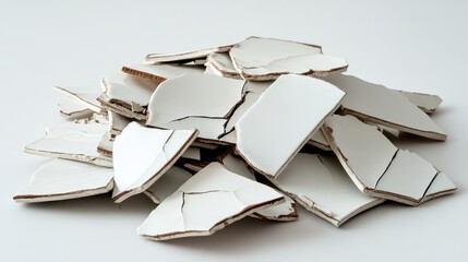 Poster - A Pile of Broken White Ceramic Pieces Displaying Cracks and Chips, Symbolizing Fragility, Loss, and the Beauty of Imperfection in Everyday Objects