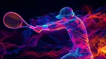 Aufkleber - Dynamic Tennis Player in Neon Light, Showcasing Energy, Motion, and the Vibrant Glow of Modern Sports Performance, Generative AI