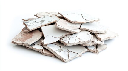 Poster - Pile of Broken Ceramic Tiles with Cracked Surfaces and Unique Textures for Interior Design and DIY Projects on a White Background