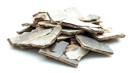 Poster - Pile of Broken Ceramic Tiles with Textured Surfaces and Cracks on a White Background, Ideal for Home Renovation and DIY Projects