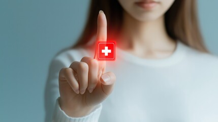Poster - Hand Holding a Glowing Red Plus Icon, Emphasizing Medical Innovation, Healthcare Technology, and Accessibility in a Modern Context, Genrative AI
