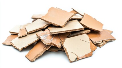 Poster - Pile of Broken Ceramic Tiles on a White Background, Perfect for Home Renovation Projects, DIY Crafts, or Artistic Creations, Showing Texture and Color Variation in Material
