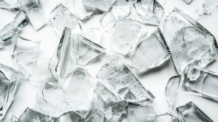 Poster - Shattered Glass Fragments on White Background with Reflective Surfaces Creating Intricate Patterns and Textures for Creative Projects and Illustrations