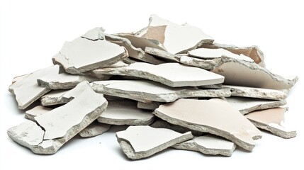 Poster - Pile of Broken Plaster Pieces on White Background for Construction and Renovation Projects, Suitable for Design, Texture, and Material Studies