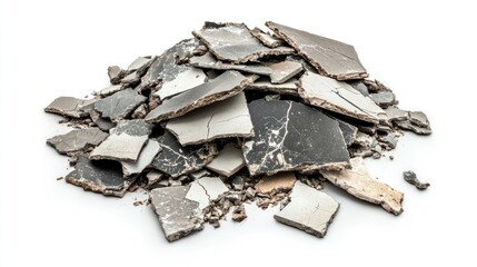 Poster - A Pile of Broken Ceramic Tiles with Distressed Surfaces and Various Textures on a White Background for Home Improvement and Renovation Projects