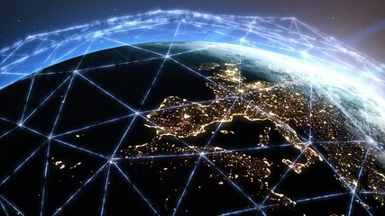 Social networking, media, global internet. Network is growing and covering the planet. Technology globe animation of the Europe. Data exchange, information sharing, global networking, data transfer. 