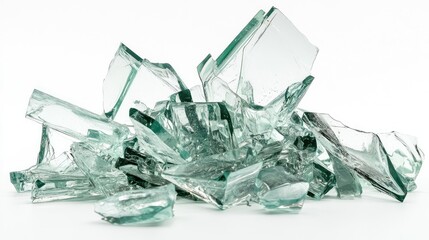 Poster - Shattered Glass Pieces Displaying Reflections and Irregular Edges on a White Background with a Focus on Textures and Transparency in a Unique Arrangement
