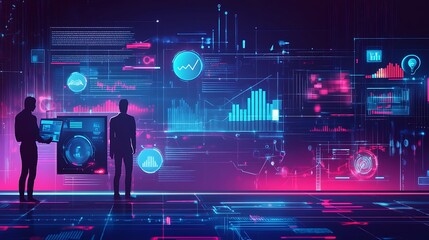 Poster - Two Silhouetted Figures Analyzing Data on a Futuristic Interactive Display