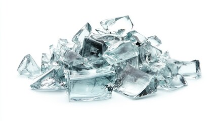 Poster - Shimmering Pile of Crushed Glass Pieces on a White Background for Creative Design and Modern Art Concepts in Stock Photography