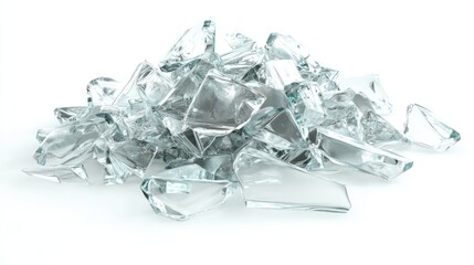 Poster - Piles of Shattered Glass Chunks on White Surface Capturing Light Reflection and Transparency for Artistic and Decorative Uses in Design Projects