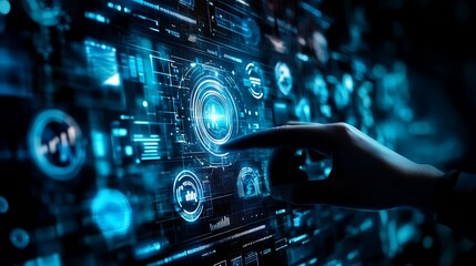 Poster - Hand Interacting with Futuristic Blue Digital Interface Showing Data