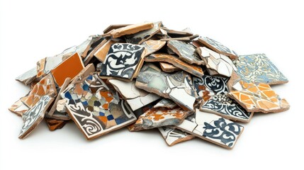 Poster - A Colorful Pile of Broken Ceramic Tiles in Various Patterns and Textures, Perfect for Artistic Projects, Crafts, Home Decor, and Unique Mosaic Creations