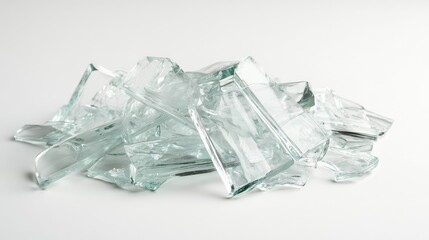 Poster - Fragmented Clear Glass Pieces Piled on White Background, Capturing the Intricate Shapes and Reflections in a Minimalistic Style for Creative Projects