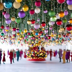 A vibrant and festive Christmas parade scene featuring a beautifully decorated float adorned with twinkling lights and colorful ornaments, surrounded by joyful participants dressed in holiday attire,