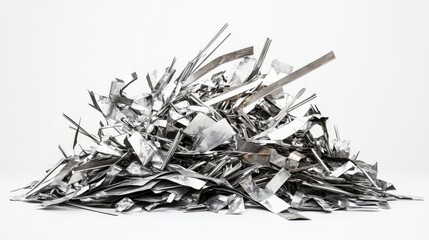 Poster - A Chaotic Pile of Shiny Metal Scraps with Varied Shapes and Sizes, Reflecting Light in an Abstract Display of Industrial Waste and Material Reuse Concepts