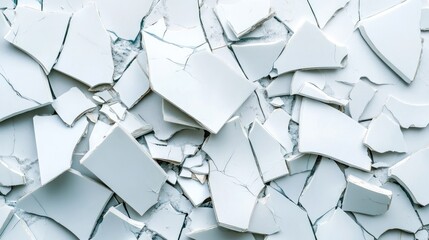 Poster - Cracked and Broken White Ceramics Background with Irregular Shattered Pieces on a Light Surface Displaying Texture and Contrast, ideal for Artistic and Abstract Designs