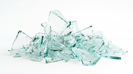 Poster - Pile of Shattered Glass Fragments on White Background Highlighting Texture and Transparency with Soft Reflections and Sharp Edges for Creative Design Use
