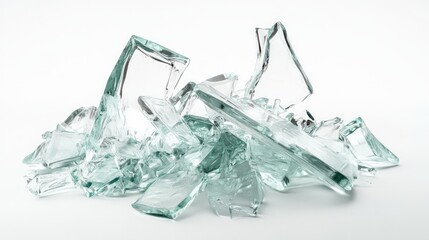 Poster - Shattered Clear Glass Pieces Isolated on White Background Showing Various Shapes and Textures for Use in Design and Creative Projects