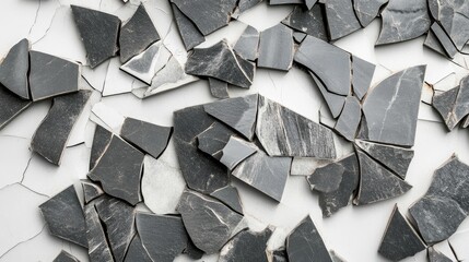 Poster - Collection of Broken Black and White Stone Tiles Arranged in a Random Pattern on a White Surface, Showcasing Different Textures and Shades