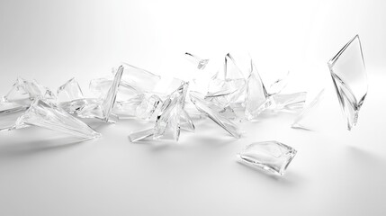 Poster - Shattered Glass Pieces on a Smooth White Surface Capturing Light and Reflection in a Minimalist Style for Abstract Photography and Design Works