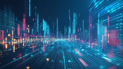 Poster - Futuristic Digital Cityscape: Neon Lights and Data Streams