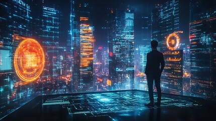 Poster - Futuristic Cityscape: A Silhouetted Figure Contemplates a Neon-Drenched Metropolis