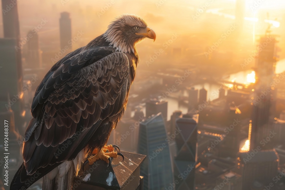 a colossal eagle resting atop a modern high-rise building, with the ...