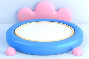 Poster - A basic 3D rendering with an empty pastel-colored cube podium, perfect for displaying cosmetic products, set against an abstract background. Mock-up featuring geometric shapes in pastel tones. 3D