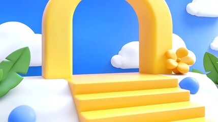 Poster - A minimal 3D render showcasing an abstract blue and yellow background, complete with a white cloud and architectural elements. The scene is illuminated by shadows and bright sunlight, featuring