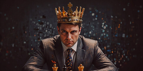 Poster - Man wearing a suit and tie sits at a chess board. He is wearing a crown on his head