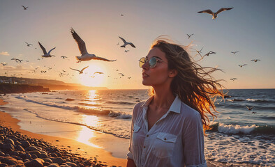 Aufkleber - Woman standing on a beach with a group of seagulls flying in the background. She is wearing sunglasses and a white shirt