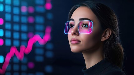 Poster - Woman with futuristic glasses, backlit by digital financial graphics.