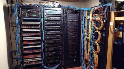 Poster - Network Server Room With Extensive Cabling And Equipment