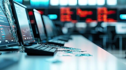 Aufkleber - Damaged computer monitors on a desk showing broken screens and data glitch.