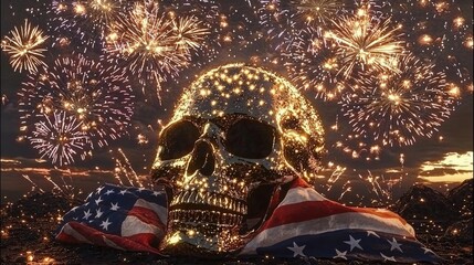 Poster - Glowing skull wrapped in an American flag with fireworks in the background.